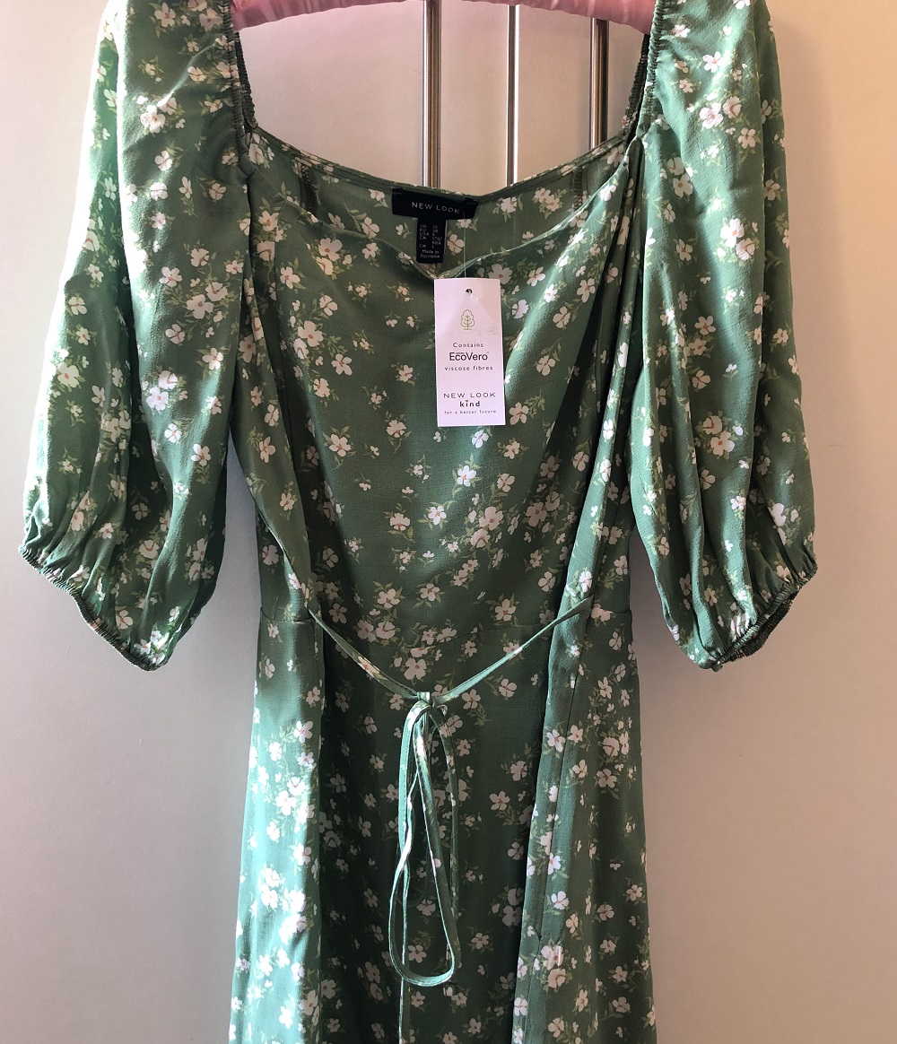Green Floral Square Neck Puff Sleeve Dress