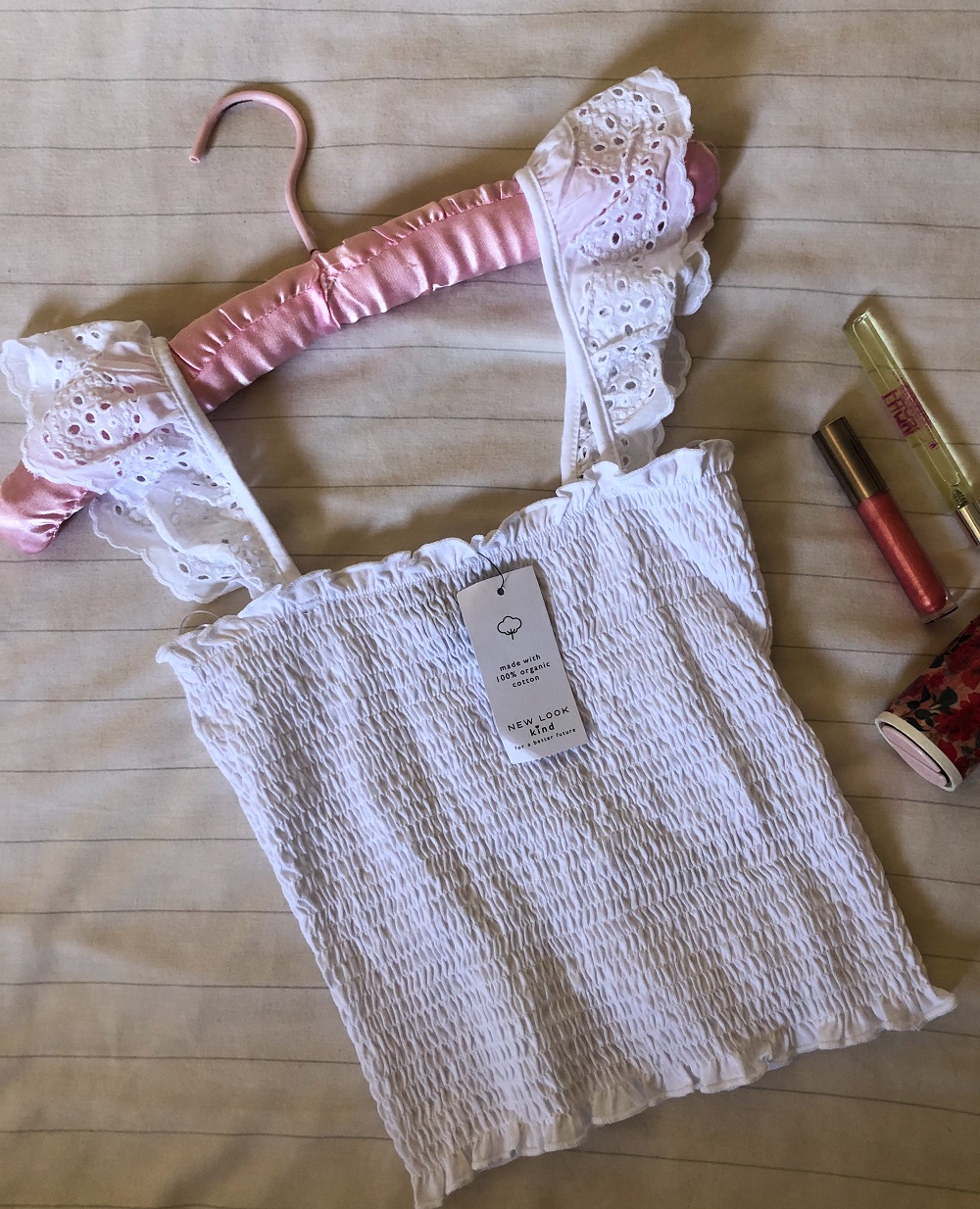 New Look broderie trim shirred vest in white